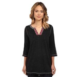 Hatley Tunic Top Mixed Media Terrycloth 3/4 Sleeve Black Womens Small V-Neck